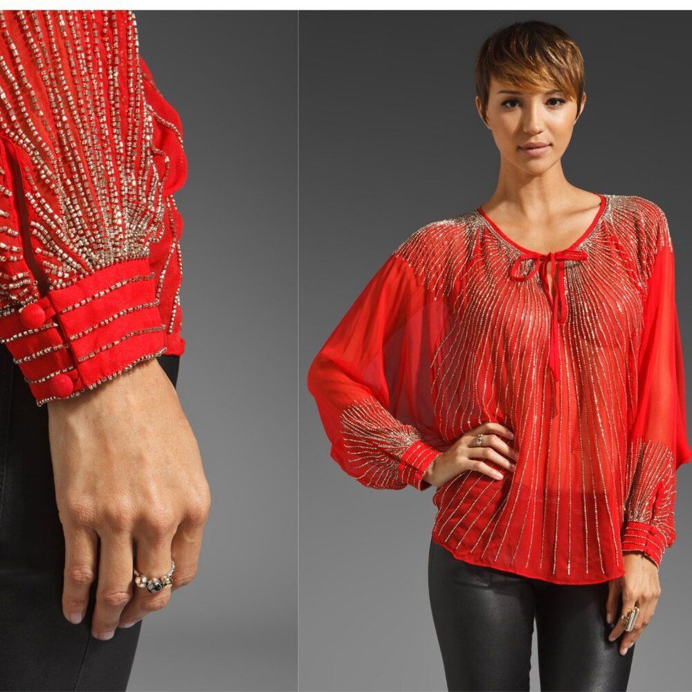 NWT Parker XS S Red Beaded Long Balloon Slv Party Bow Sheer Silk Sequin Blouse